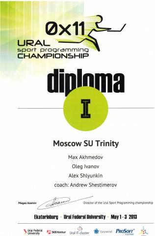 Диплом I степени чемпионата Урала по спортивному программированию
